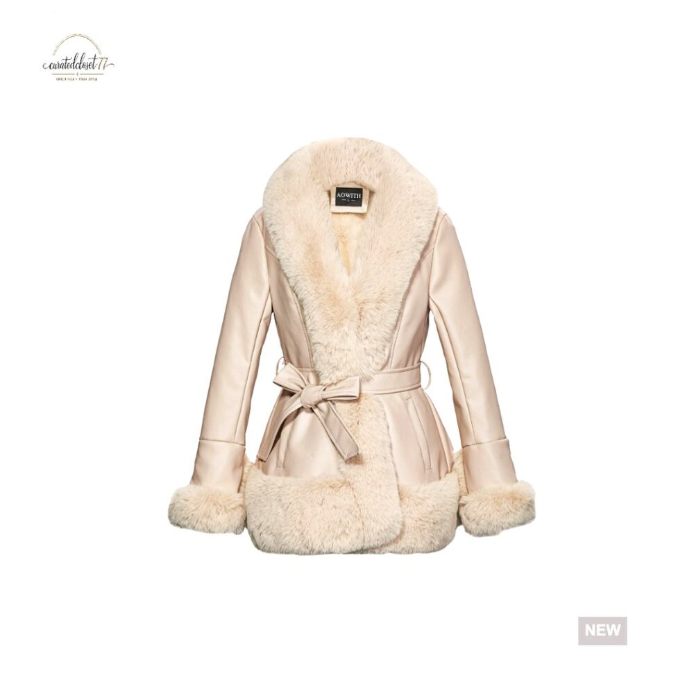 Faux Fur Leather Collar Jacket Slim Fit Long Sleeve Trench Coat With Pockets